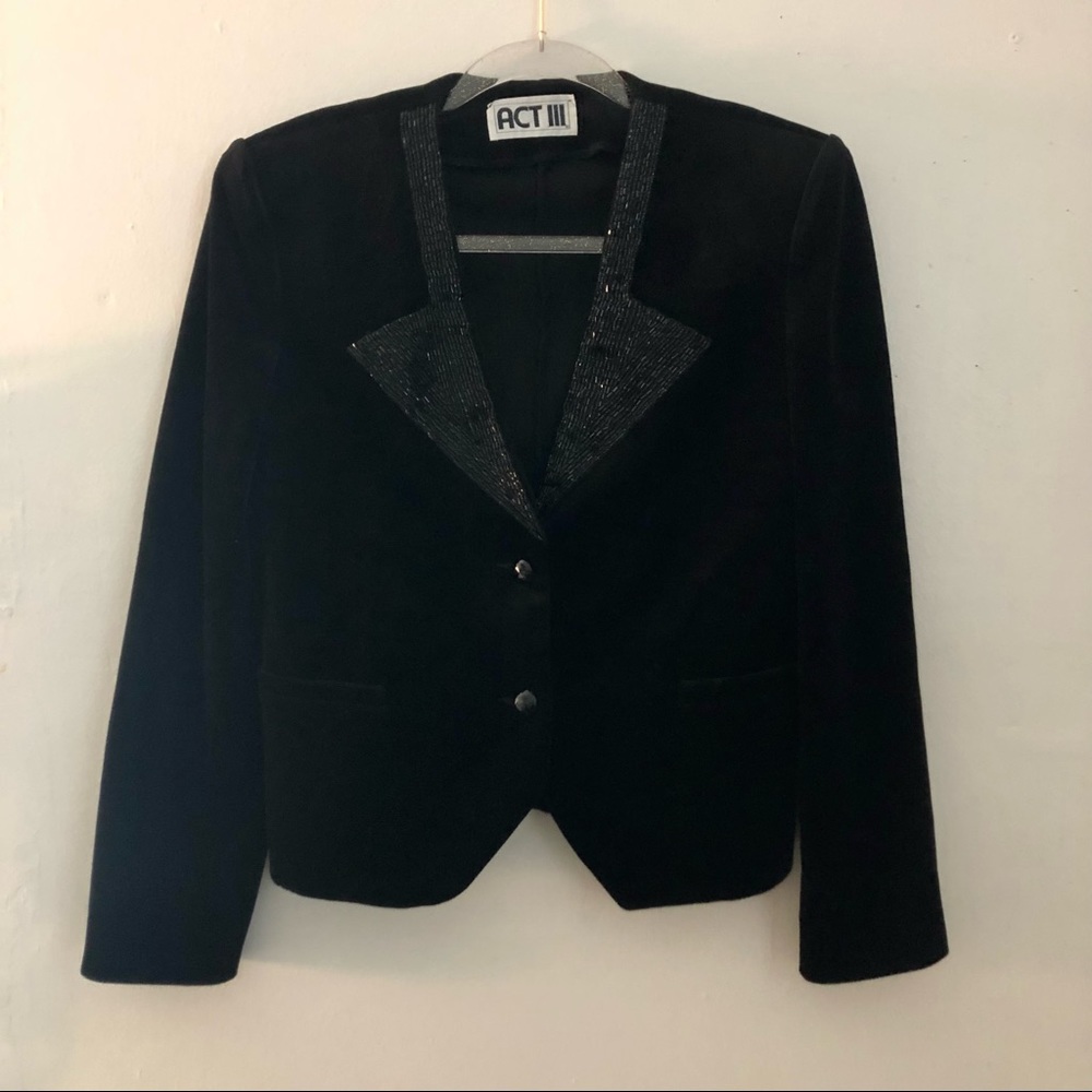 70s Vintage ACT III Black Velvet Jacket Blazer with Beaded Lapel XS/S